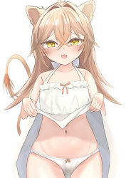 Rule 34 | 1girl, :d, absurdres, animal ears, clothes lift, dress, dress lift, highres, indie virtual youtuber, light brown hair, lion ears, lion girl, lion tail, long hair, matudo yuu, midriff, navel, open mouth, panties, rurudo lion, rurudo lion (1st costume), simple background, smile, solo, sundress, tail, underwear, virtual youtuber, white background, white dress, white panties, yellow eyes