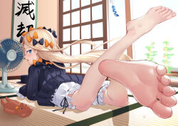 Rule 34 | 1girl, abigail williams (fate), absurdres, barefoot, blonde hair, blue eyes, blush, electric fan, fate/grand order, fate (series), feet, foot focus, highres, long hair, looking at viewer, lying, on stomach, open mouth, shiro ami, sleeves past fingers, sleeves past wrists, soles, solo, stuffed animal, stuffed toy, sweat, tatami, teddy bear, toenails, toes