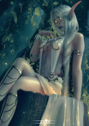 Rule 34 | 1girl, absurdres, breasts, cleavage, commentary, dress, elf, glowing, glowing eyes, highres, long hair, night elf (warcraft), outdoors, parted bangs, pointy ears, solo, stomach, tagme, warcraft, white dress, white hair, world of warcraft, wristband, yellow eyes, zed (trungbui42)
