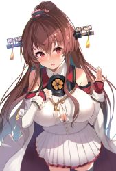 Rule 34 | 1girl, blush, breasts, brown hair, detached sleeves, dress, hair intakes, headgear, highres, huge breasts, kantai collection, large breasts, long hair, looking at viewer, o-sirius, pleated dress, ponytail, red eyes, sailor collar, simple background, solo, very long hair, wardrobe malfunction, white background, white dress, yamato (kancolle), yamato kai ni (kancolle)