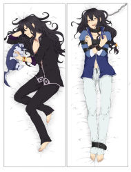 Rule 34 | 00s, androgynous, bdsm, black hair, bondage, bound, chain, collar, dakimakura (medium), gender request, long hair, lying, male focus, navel, nayu, open clothes, open mouth, open shirt, repede (tales), shirt, solo, source request, strap, tales of (series), tales of vesperia, yuri lowell