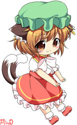 Rule 34 | 1girl, :3, animal ears, brown eyes, brown hair, cat ears, cat tail, chen, closed mouth, commentary request, earrings, green hat, hat, jewelry, mob cap, multiple tails, nekomata, pila-pela, short hair, short sleeves, single earring, solo, tail, touhou, two tails