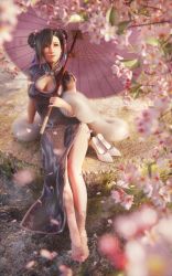 Rule 34 | 1girl, 3d, absurdres, bare legs, barefoot, black hair, breasts, cherry blossoms, china dress, chinese clothes, cleavage cutout, clothing cutout, double bun, dress, feet, feet in water, final fantasy, final fantasy vii, final fantasy vii remake, full body, hair bun, hair ornament, highres, holding, holding umbrella, large breasts, long hair, official alternate costume, official alternate hairstyle, petals, red eyes, ria-neearts, sitting, solo, square enix, tifa lockhart, tifa lockhart (sporty dress), umbrella, wall market