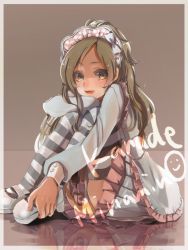 Rule 34 | 10s, 1girl, brown background, brown hair, character name, dress, erika1015, frills, hairband, long hair, minamino kanade, precure, shoes, sitting, solo, striped clothes, striped thighhighs, suite precure, thighhighs, white dress