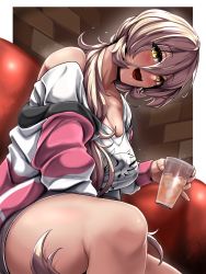 Rule 34 | 1girl, :d, bare shoulders, blonde hair, blush, breasts, cleavage, commentary request, cup, drinking glass, fang, hair between eyes, highres, holding, long hair, looking at viewer, nijisanji, nui sociere, nui sociere (2nd costume), off shoulder, open mouth, sitting, slit pupils, smile, solo, virtual youtuber, yaruku, yellow eyes