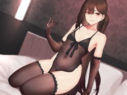 Rule 34 | 1boy, babydoll, bare shoulders, bed, bed sheet, blush, breasts, brown gloves, brown hair, brown thighhighs, cleavage, closed mouth, collarbone, covered navel, elbow gloves, gloves, hair between eyes, hayabusa, highres, indoors, lace, lace-trimmed legwear, lace trim, long hair, looking at viewer, male focus, non-web source, on bed, open mouth, original, panties, pillow, red eyes, seiza, side ponytail, sidelocks, sitting, slit pupils, small breasts, solo, thighhighs, thighs, trap, underwear, very long hair