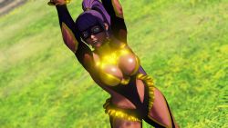 Rule 34 | 1girl, arms up, artist request, boots, breasts, cleavage, cleavage cutout, clothing cutout, cosplay, curvy, dark-skinned female, dark skin, egyptian, female focus, highleg, highleg leotard, highres, leotard, looking at viewer, menat, ponytail, purple hair, rainbow mika (cosplay), revealing clothes, screencap, shiny skin, smile, solo, street fighter, thong leotard