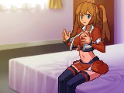 Rule 34 | 1girl, animated, animated gif, bed, bedroom, bingo tarte, blue eyes, bouncing breasts, breasts, brown hair, cleavage, happy, indoors, large breasts, long hair, looking at viewer, midriff, miniskirt, otameshidouga pretty pridot dounyuhen, pridot, sitting, skirt, smile, solo, thighhighs, twintails, undressing, zettai ryouiki