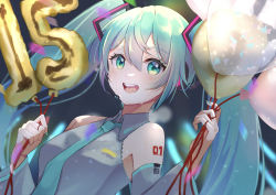 Rule 34 | 1girl, :d, absurdres, aqua eyes, aqua nails, arm tattoo, blue hair, blue necktie, blurry, blurry background, collared shirt, detached sleeves, grey shirt, grey sleeves, hair between eyes, hatsune miku, headset, highres, idol, long hair, long sleeves, microphone, nail polish, necktie, nonco no, number tattoo, open mouth, shirt, sleeveless, sleeveless shirt, smile, solo, sweatdrop, tattoo, twintails, upper body, vocaloid, wing collar