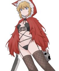 Rule 34 | 1girl, absurdres, black souls, blonde hair, blue eyes, breasts, cloak, closed mouth, expressionless, feet out of frame, fishnet thighhighs, fishnets, fur-trimmed cloak, fur trim, highres, holding, holding knife, jamble04126992, knife, looking at viewer, red cloak, red hood (black souls), revealing clothes, severed head, short hair, simple background, small breasts, solo, thighhighs, white background