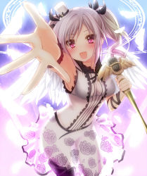 Rule 34 | 10s, 1girl, :d, blush, dress, drill hair, feathers, hat, hat ribbon, highres, idolmaster, idolmaster cinderella girls, imachi (staccato squirrel), kanzaki ranko, looking at viewer, open mouth, outstretched arm, pantyhose, pink eyes, ribbon, silver hair, sleeveless, smile, solo, twin drills, twintails