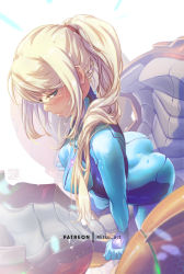 Rule 34 | 1girl, arched back, armor, ass, bad id, bad pixiv id, blonde hair, blue bodysuit, blue eyes, bodysuit, breasts, closed mouth, covered erect nipples, dimples of venus, from side, half-closed eyes, high ponytail, impossible bodysuit, impossible clothes, leaning forward, lips, long hair, looking to the side, medium breasts, metroid, mitsu (mitsu art), mole, mole under mouth, nintendo, outstretched arms, patreon username, ponytail, power armor, samus aran, sidelocks, skin tight, solo, turtleneck, varia suit, watermark, zero suit