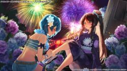 Rule 34 | 2girls, aerial fireworks, aizawa kazuha, aqua eyes, arm at side, arm garter, assault lily, bare shoulders, belt, black bow, blue camisole, blue eyes, blue flower, blue hair, blue shorts, blurry, blurry foreground, bow, breasts, brown belt, brown hair, camisole, commentary request, crop top, denim, denim shorts, dressing another, fireworks, floral print, flower, flower necklace, hair between eyes, hair flower, hair ornament, hair stick, half-closed eyes, hand on another&#039;s leg, hand up, hands up, hibiscus, high ponytail, hydrangea, japanese clothes, jewelry, kimono, lei, light particles, long hair, long sleeves, looking at another, looking down, medium breasts, medium hair, multiple girls, necklace, night, obi, official alternate costume, official art, outdoors, parted lips, ponytail, purple flower, purple kimono, putting on shoes, ring, rope belt, sandals, sash, serizawa chikaru, short hair, shorts, sidelocks, sitting, smile, striped camisole, summer festival, thigh strap, very long hair, watermark, weisuoxin, wide sleeves, yellow flower, yukata, zouri
