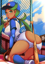Rule 34 | 1girl, ass, ass cutout, baseball, baseball bat, baseball cap, baseball glove, baseball uniform, belt, between buttocks, blush, breasts, clothing cutout, cloud, covered erect nipples, creatures (company), dark-skinned female, dark skin, day, female focus, fence, finger to mouth, game freak, green eyes, green hair, hat, highres, huge ass, kneeling, large breasts, lipstick, long hair, looking at viewer, makeup, mallow (pokemon), nail polish, nintendo, pokemon, pokemon (anime), pokemon sm, pokemon sm (anime), revolverwing, shoes, sky, sneakers, socks, solo, sportswear, twintails
