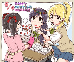 Rule 34 | 3girls, adjusting hair, apron, ayase eli, birthday, birthday cake, black hair, blonde hair, blue eyes, blush, book, bow, cake, candle, dated, desk, english text, food, green eyes, hair bow, happy birthday, long hair, looking at another, love live!, love live! school idol project, mouth hold, multiple girls, open book, open mouth, otonokizaka school uniform, oven mitts, paper chain, pleated skirt, ponytail, purple hair, school uniform, scrunchie, short sleeves, skirt, steam, summer uniform, tamifull, tojo nozomi, tray, twintails, waist apron, white scrunchie, yazawa nico