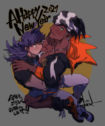 Rule 34 | 2021, 2boys, aktrks01, animal print, black hair, black hoodie, blush, champion uniform, chinese zodiac, closed mouth, commentary request, cow print, creatures (company), dark-skinned male, dark skin, earrings, game freak, happy new year, hood, hoodie, jewelry, leon (pokemon), long hair, looking back, male focus, multiple boys, new year, nintendo, pokemon, pokemon swsh, purple hair, raihan (pokemon), shirt, shoes, short sleeves, shorts, side slit, side slit shorts, sitting, sitting on lap, sitting on person, sweat, undercut, yaoi, year of the ox, yellow eyes