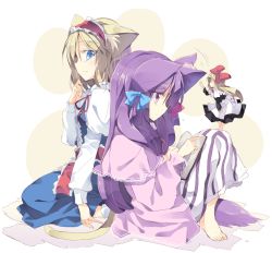 Rule 34 | 2girls, alice margatroid, alternate hairstyle, animal ears, apron, barefoot, black dress, blonde hair, blue dress, blue eyes, book, bow, capelet, cat ears, cat tail, commentary, doll, dress, ear wiggle, hair bow, hair ornament, hairband, kemonomimi mode, long hair, long sleeves, looking at another, looking at viewer, multiple girls, no headwear, open book, patchouli knowledge, profile, purple eyes, purple hair, satou kibi, shanghai doll, short hair, simple background, sitting, smile, striped clothes, striped dress, tail, touhou, vest, waist apron