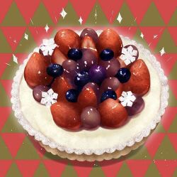 Rule 34 | blueberry, cake, christmas cake, commentary, food, food focus, fruit, light particles, mogmog megmog, multicolored background, no humans, original, snowflakes, sparkle, strawberry, triangular tiling background, two-tone background