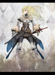 Rule 34 | 1girl, armor, belt, blonde hair, boots, breasts, cleavage, cleavage cutout, clothing cutout, detached sleeves, gauntlets, greaves, highres, letterboxed, long hair, niou kaoru, pixiv fantasia, pixiv fantasia 5, red eyes, solo, sword, thigh boots, thighhighs, weapon