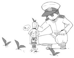 Rule 34 | 10s, 1boy, 1girl, admiral (kancolle), blade (galaxist), chibi, faceless, faceless male, greyscale, hairband, hat, kantai collection, long hair, mandragora, military, military uniform, monochrome, pulling, shimakaze (kancolle), skirt, squatting, striped clothes, striped thighhighs, thighhighs, uniform