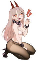 Rule 34 | !, !!, + +, 1girl, :d, between legs, black footwear, blush, bra, breasts, brown pantyhose, chainsaw man, cleavage, collar, commission, cross-shaped pupils, cuffs, fingernails, from side, full body, grey hair, hair between eyes, halphelt, hand between legs, hand up, high heels, highres, horns, kneeling, lock, long hair, looking at viewer, looking to the side, medium breasts, metal collar, nail polish, open mouth, orange eyes, padlock, padlocked collar, panties, pantyhose, power (chainsaw man), red nails, sharp teeth, simple background, smile, solo, spiked collar, spikes, symbol-shaped pupils, teeth, underwear, underwear only, white background, white bra, white panties
