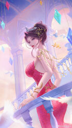 Rule 34 | 1girl, absurdres, artist request, backless dress, backless outfit, bare shoulders, bird, blue eyes, bracelet, chi lian (qin shi ming yue), crystal, dress, flying, glint, hair bun, highres, jewelry, looking at viewer, looking back, parted lips, qinshi mingyue, railing, red dress, second-party source, solo, tiara, upper body