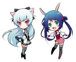 Rule 34 | 2girls, :d, animal ears, bare shoulders, beads, black bow, black footwear, black necktie, blue hair, blush, boots, bow, cat ears, cat girl, cat tail, chibi, corset, detached collar, detached sleeves, double bun, dress, frilled dress, frills, hair beads, hair bow, hair bun, hair flaps, hair ornament, looking at viewer, multiple girls, necktie, open mouth, original, over-kneehighs, own hands together, pink skirt, pleated skirt, puffy sleeves, rabbit ears, rabbit girl, red eyes, red footwear, shoes, silver hair, simple background, skirt, smile, standing, standing on one leg, striped clothes, striped legwear, striped thighhighs, tail, teeth, thigh strap, thighhighs, tokki, twintails, v arms, vertical-striped clothes, vertical-striped legwear, vertical-striped thighhighs, white background, white dress