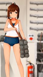 Rule 34 | 1girl, blouse, blue one-piece swimsuit, blurry, blush, brown eyes, brown hair, closed mouth, collarbone, commentary request, covered navel, depth of field, fire extinguisher, hair between eyes, hair ornament, hairclip, highres, i-401 (kancolle), kantai collection, looking at viewer, machinery, one-piece swimsuit, ponytail, rigging, sailor collar, shirt, short hair, sleeveless, sleeveless shirt, solo, standing, suke (momijigari), swimsuit, swimsuit under clothes, tan, torpedo, white shirt