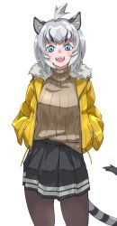 Rule 34 | 1girl, absurdres, alternate costume, animal ear fluff, animal ears, black pantyhose, black skirt, blue eyes, blush, brown sweater, casual, cave lion (kemono friends), cowboy shot, grey hair, hands in pockets, highres, jacket, kemono friends, lion ears, lion girl, lion tail, looking at viewer, multicolored hair, open clothes, open jacket, open mouth, pantyhose, pleated skirt, short hair, skirt, solo, sweater, tail, tanabe (fueisei), turtleneck, turtleneck sweater, yellow jacket