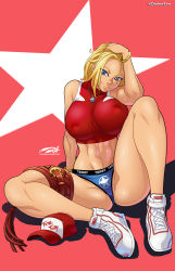Rule 34 | 1girl, abs, belt, blonde hair, blue eyes, blue mary, bracelet, breasts, covered erect nipples, crop top, darkereve, fatal fury, hat, highres, jewelry, knees up, large breasts, necklace, panties, shoes, sitting, sleeveless, sneakers, snk, solo, the king of fighters, the king of fighters xiv, toned, underwear