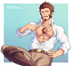 Rule 34 | 1boy, abs, bara, bare pectorals, beige pants, blue eyes, boots, brown hair, bulge, clothes pull, collarbone, cross scar, facial hair, fate/grand order, fate (series), feet out of frame, goatee, highres, jewelry, knee boots, large pectorals, leather, leather belt, leather boots, long sideburns, male focus, mature male, muscular, muscular male, napoleon bonaparte (fate), necklace, open clothes, open shirt, pectorals, scar, scar on chest, shirt pull, short hair, sideburns, smile, solo, stomach, yaekaidou