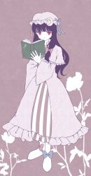 Rule 34 | 1girl, bad id, bad pixiv id, book, bow, crescent, dress, female focus, flat color, full body, hair bow, hair ribbon, hat, highres, long hair, patchouli knowledge, plant, purple dress, purple eyes, purple hair, rattan tantaka, ribbon, solo, standing, touhou