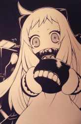 Rule 34 | 10s, 1girl, abyssal ship, ahoge, black background, covered mouth, cowboy shot, dress, eyelashes, holding, horns, kantai collection, long hair, looking at viewer, mittens, monochrome, nikubanare, northern ocean princess, outline, signature, solo, teeth, traditional media