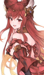 Rule 34 | 1girl, animal ears, anthuria, blonde hair, breasts, detached sleeves, dress, erune, gradient hair, granblue fantasy, hair ornament, koretsuki azuma, looking at viewer, medium breasts, multicolored hair, open mouth, red dress, red hair, red sleeves, sideboob, simple background, smile, solo, white background