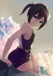 Rule 34 | 1girl, black hair, blue eyes, cloud, commentary request, cosplay, cowboy shot, gradient sky, highres, i-401 (kancolle), i-401 (kancolle) (cosplay), kantai collection, long hair, looking at viewer, orange sailor collar, rock, sailor collar, school swimsuit, shirt, side-tie shirt, sitting, sky, sleeveless, sleeveless shirt, solo, souryuu (kancolle), swimsuit, swimsuit under clothes, taisho (gumiyuki), twintails, aged down