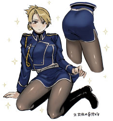 Rule 34 | 1girl, adapted costume, aiguillette, amestris military uniform, arm support, ass, black footwear, blonde hair, blue skirt, blush, boots, breasts, brown eyes, clothes lift, cropped legs, cropped torso, earrings, folded ponytail, fullmetal alchemist, highres, jewelry, knee boots, kneeling, large breasts, lifting own clothes, long sleeves, looking at viewer, military, military uniform, miniskirt, multiple views, ozaki (tsukiko3), pantyhose, pencil skirt, riza hawkeye, short hair, skirt, skirt lift, solo, sparkle, stud earrings, uniform, updo, white background