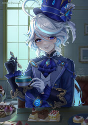 Rule 34 | 1girl, ascot, backlighting, blue eyes, blue hair, blue hat, blue jacket, blush, breasts, brooch, cake, cowlick, cup, cupcake, food, furina (genshin impact), genshin impact, gloves, grin, hat, highres, jacket, jewelry, light blue hair, long hair, long sleeves, looking at viewer, multicolored hair, open clothes, open jacket, ryuuneart, saucer, shirt, small breasts, smile, solo, spoon, streaked hair, swept bangs, table, teacup, top hat, vision (genshin impact), white hair, white shirt, window