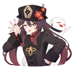 Rule 34 | 1girl, 1other, ;p, absurdres, asiri senpai, boo tao (genshin impact), brown hair, chinese clothes, commentary, flower, genshin impact, ghost, gradient hair, hair between eyes, hand on own hip, hat, hat flower, hat ornament, highres, hu tao (genshin impact), jewelry, long hair, long sleeves, looking at viewer, multicolored hair, one eye closed, porkpie hat, red eyes, ring, sidelocks, simple background, symbol-shaped pupils, tongue, tongue out, twintails, v-shaped eyebrows, waving, white background, wide sleeves
