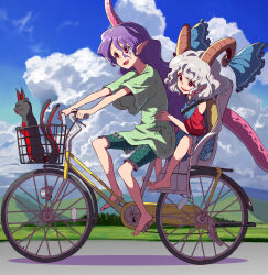 Rule 34 | 2girls, animal, barefoot, bicycle, bicycle basket, blue dress, blue ribbon, cat, cloud, cloudy sky, day, dress, earrings, green shirt, green shorts, grey hair, highres, horn ornament, horn ribbon, horns, jewelry, kaenbyou rin, kaenbyou rin (cat), long hair, multiple girls, open mouth, outdoors, pink horns, pointy ears, purple hair, red eyes, red horns, red sleeves, ribbon, riding, riding bicycle, sheep horns, shirt, short hair, short sleeves, shorts, single horn, sky, smile, syope, tail, tenkajin chiyari, touhou, toutetsu yuuma, unfinished dream of all living ghost