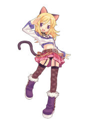 Rule 34 | 10s, animal ears, black panties, blonde hair, blush, boots, cat (trickster), cat ears, cat tail, cross, jewelry, lingerie, midriff, necklace, panties, pantyshot, purple eyes, skirt, solo, tail, thighhighs, third-party edit, trickster (ntreev soft), underwear