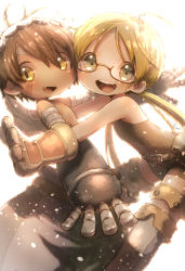 Rule 34 | 1boy, 1girl, android, backlighting, baggy pants, bandam, black hair, blonde hair, brown eyes, child, facial mark, glasses, gloves, grey eyes, highres, looking at viewer, made in abyss, open mouth, pants, regu (made in abyss), riko (made in abyss), semi-rimless eyewear, twintails