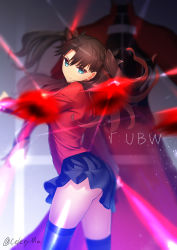 Rule 34 | 1boy, 1girl, absurdres, archer (fate), black bow, black skirt, black thighhighs, blue eyes, blurry, blurry background, bow, brown hair, copyright name, fate/stay night, fate/unlimited blade works, fate (series), floating hair, hair bow, head tilt, highres, long hair, long sleeves, looking at viewer, miniskirt, nishibi mitsuba, pleated skirt, red shirt, shirt, skirt, standing, thighhighs, tohsaka rin, twintails, twitter username