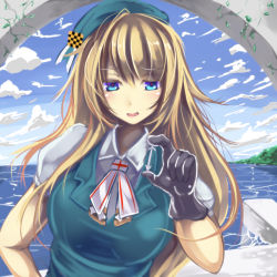 Rule 34 | 10s, 1girl, alternate costume, atago (kancolle), beret, black gloves, blonde hair, blue eyes, gloves, hat, kantai collection, long hair, looking at viewer, monikano, open mouth, smile, solo