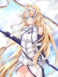 Rule 34 | 1girl, absurdres, ahoge, armor, armored dress, bare shoulders, black gloves, blonde hair, blue eyes, blush, breasts, chain, closed mouth, dema hmw, dress, elbow gloves, fate/grand order, fate (series), feathers, flag, gauntlets, gloves, hair between eyes, has bad revision, has downscaled revision, head tilt, headpiece, highres, holding, holding flag, jeanne d&#039;arc (fate), jeanne d&#039;arc (ruler) (fate), jeanne d&#039;arc (third ascension) (fate), long hair, looking at viewer, md5 mismatch, medium breasts, resolution mismatch, smile, solo, source smaller, standard bearer, sword, very long hair, weapon, white dress, white feathers, white flag