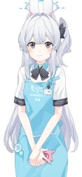 Rule 34 | 1girl, angel&#039;s 24 uniform (blue archive), apron, black bow, black bowtie, blue apron, blue archive, blue halo, blush, bow, bowtie, cellphone, closed mouth, collared shirt, grey hair, hair between eyes, halo, holding, holding phone, long hair, looking at viewer, miyako (blue archive), mizo, one side up, phone, polo shirt, purple eyes, shirt, simple background, smartphone, solo, white background, white shirt