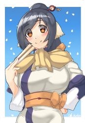Rule 34 | 1girl, ainu clothes, animal ears, aquaplus, arm up, black hair, blush, breasts, closed mouth, dress, eyes visible through hair, gradient eyes, hair ornament, hair over one eye, hand fan, hand on own hip, high ponytail, highres, holding, holding fan, holding weapon, kuon (utawarerumono), large breasts, layered sleeves, long hair, long sleeves, multicolored eyes, oh dun dun, orange eyes, petals, ponytail, raised eyebrows, sash, sidelocks, signature, smile, solo, swept bangs, upper body, utawarerumono, utawarerumono: itsuwari no kamen, very long hair, weapon, wide sleeves