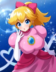Rule 34 | 1girl, :o, absurdres, blonde hair, blue background, blue eyes, blush, bow, breasts, brooch, cowboy shot, don (748826), dot nose, dress, earrings, elbow gloves, glitter, gloves, hair bow, highres, jewelry, large breasts, light particles, looking at viewer, mario (series), nintendo, open mouth, pink bow, pink dress, ponytail, princess peach, princess peach: showtime!, puffy short sleeves, puffy sleeves, shiny clothes, short hair, short sleeves, simple background, skirt hold, solo, sphere earrings, surprised, white gloves