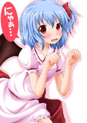 Rule 34 | 1girl, alternate hairstyle, bat wings, blue hair, blush, bow, child, fang, female focus, hair bow, highres, neats, nyan, open mouth, red eyes, remilia scarlet, short hair, short sleeves, solo, touhou, translated, vampire, wings