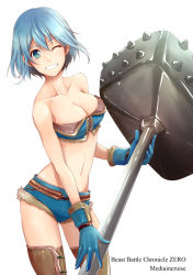 Rule 34 | 1girl, ;d, baku (bakunooekaki), bandeau, bare arms, bare shoulders, beast battle chronicle zero, belt, blue eyes, blue gloves, blue hair, blue shorts, blush, boots, breasts, brown footwear, cleavage, clenched teeth, collarbone, contrapposto, copyright name, cross-laced clothes, denim, denim shorts, fantasy, female focus, gloves, grin, hammer, head tilt, highres, holding, holding weapon, huge weapon, large breasts, looking at viewer, matching hair/eyes, midriff, navel, neck, one eye closed, open mouth, revealing clothes, short hair, short shorts, shorts, simple background, smile, solo, spiked hammer, spiked weapon, spikes, spread fingers, standing, stomach, strapless, tareme, teeth, text focus, thigh boots, thighhighs, tube top, weapon, white background, wink