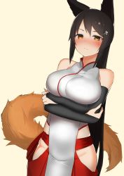 Rule 34 | 1girl, animal ears, bare shoulders, blush, breast hold, breasts, brown hair, ccaw, cowboy shot, crossed arms, elbow gloves, female focus, fox ears, fox tail, frown, gloves, groin, hair ornament, hairclip, highres, large breasts, long hair, looking at viewer, md5 mismatch, orange eyes, original, resized, simple background, solo, standing, sweatdrop, tail, very long hair, wavy mouth, yellow background
